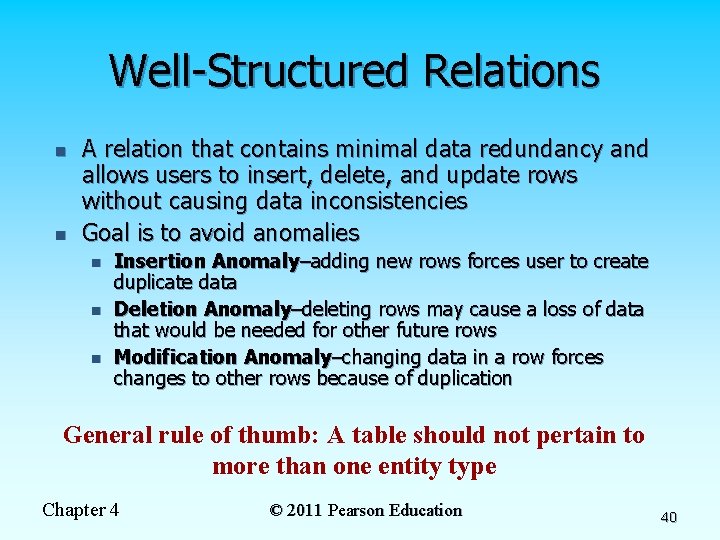 Well-Structured Relations n n A relation that contains minimal data redundancy and allows users