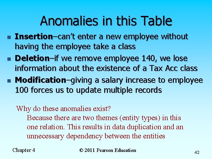 Anomalies in this Table n n n Insertion–can’t enter a new employee without having