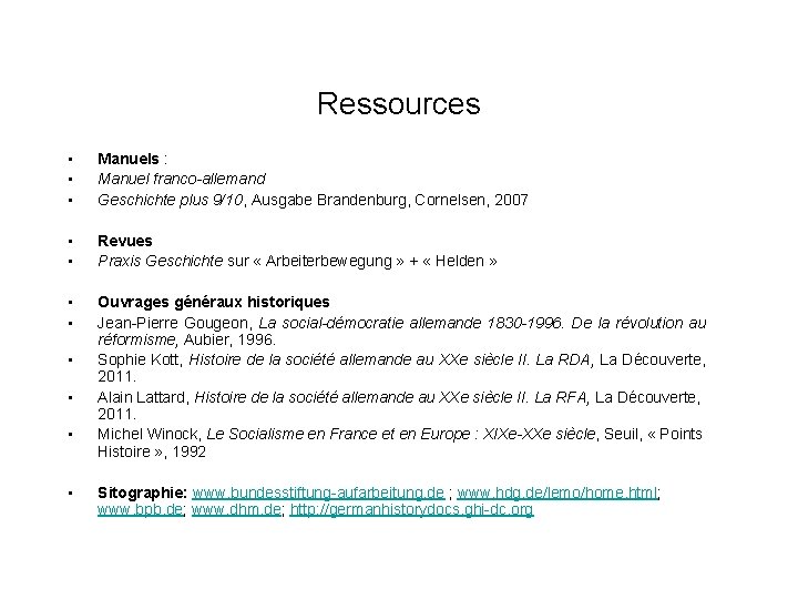 Ressources • • • Manuels : Manuel franco-allemand Geschichte plus 9/10, Ausgabe Brandenburg, Cornelsen,