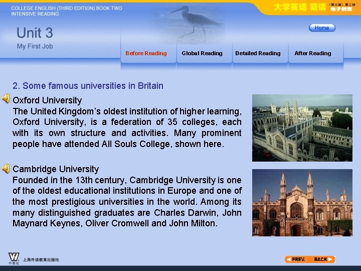 Before Reading Global Reading Detailed Reading 2. Some famous universities in Britain Oxford University