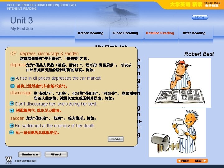 Before Reading Global Reading Detailed Reading After Reading My First Job CF: depress, discourage