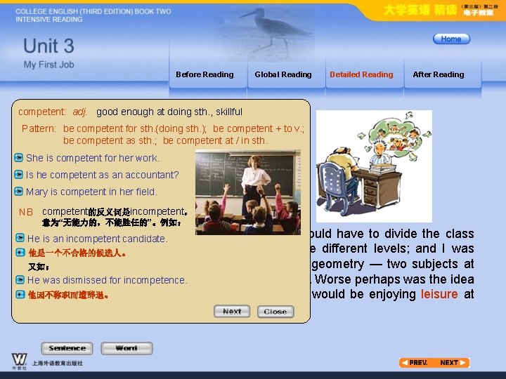 Before Reading Global Reading Detailed Reading After Reading competent: adj. good enough at doing