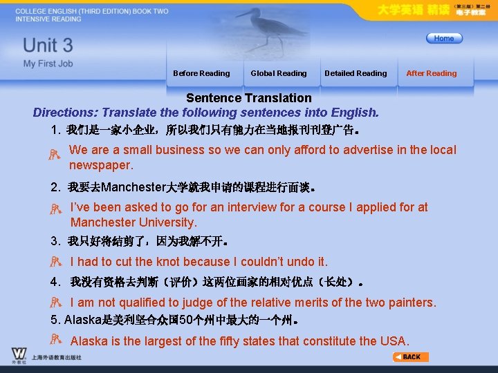 Before Reading Global Reading Detailed Reading After Reading Sentence Translation Directions: Translate the following