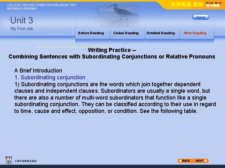 Before Reading Global Reading Detailed Reading After Reading Writing Practice -Combining Sentences with Subordinating