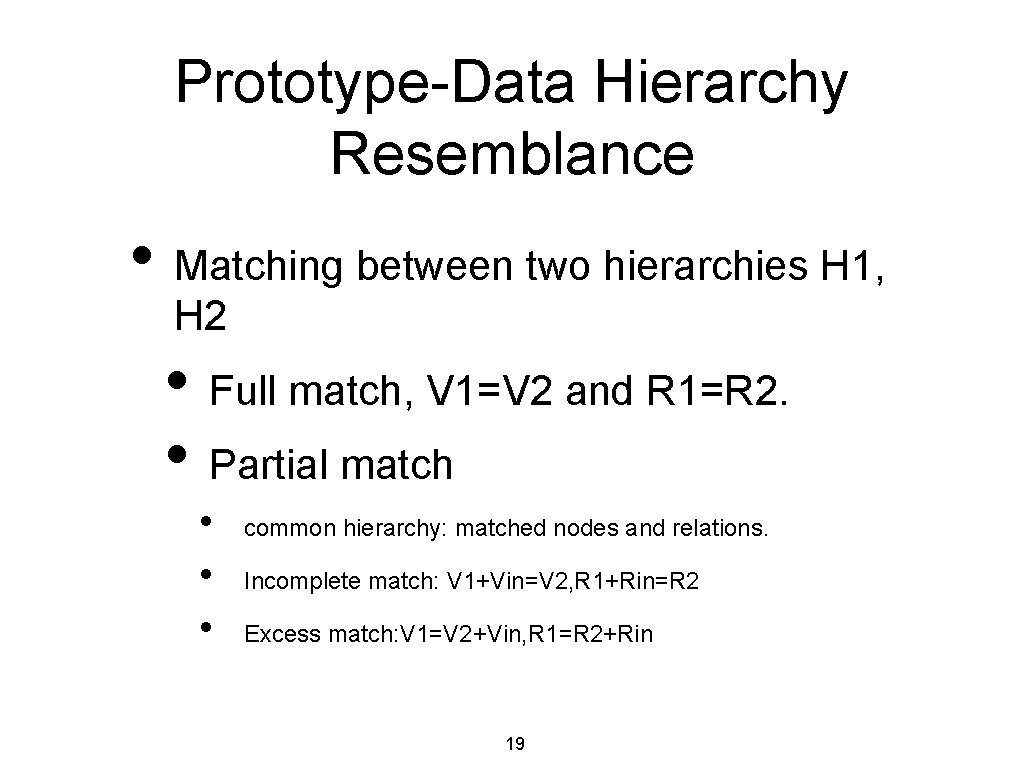 Prototype-Data Hierarchy Resemblance • Matching between two hierarchies H 1, H 2 • Full