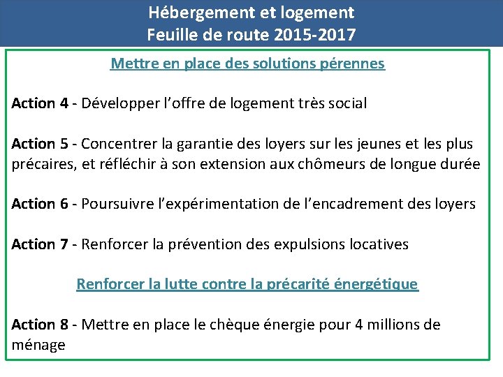 Hébergement et logement Feuille de route 2015 -2017 Mettre en place des solutions pérennes