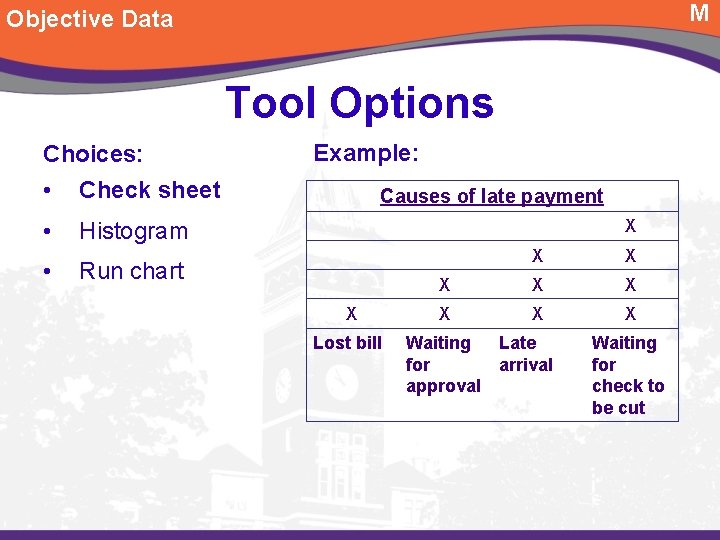 M Objective Data Tool Options Choices: • Check sheet • Histogram • Example: Causes