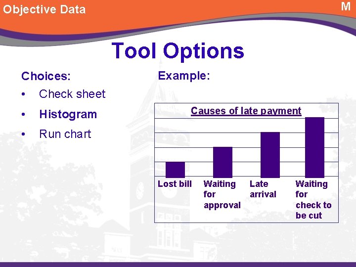 M Objective Data Tool Options Choices: • Check sheet • Histogram • Run chart