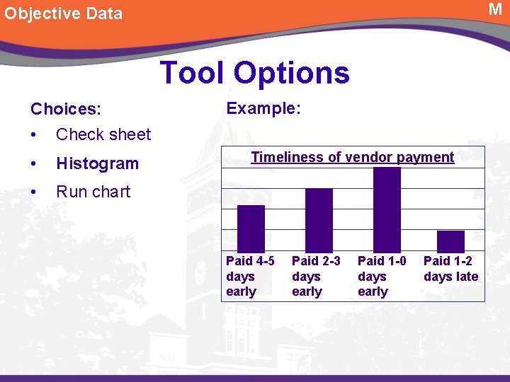 M Objective Data Tool Options Choices: • Check sheet • Histogram • Run chart