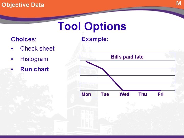 M Objective Data Tool Options Choices: • Check sheet • Histogram • Run chart