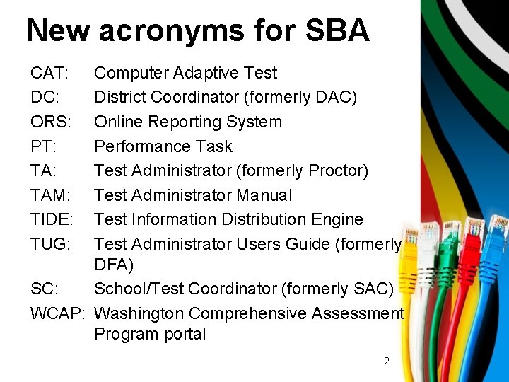 New acronyms for SBA CAT: DC: ORS: PT: TAM: TIDE: TUG: Computer Adaptive Test
