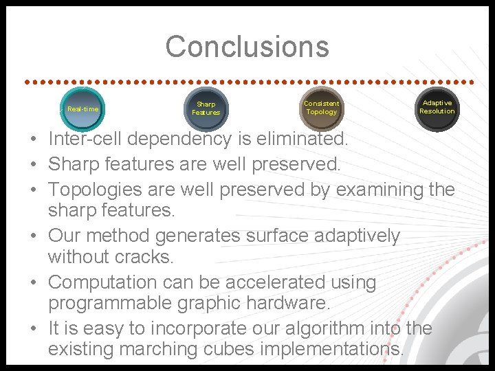 Conclusions Real-time Sharp Features Consistent Topology Adaptive Resolution • Inter-cell dependency is eliminated. •