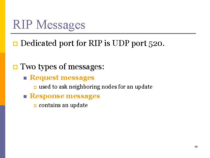 RIP Messages p Dedicated port for RIP is UDP port 520. p Two types