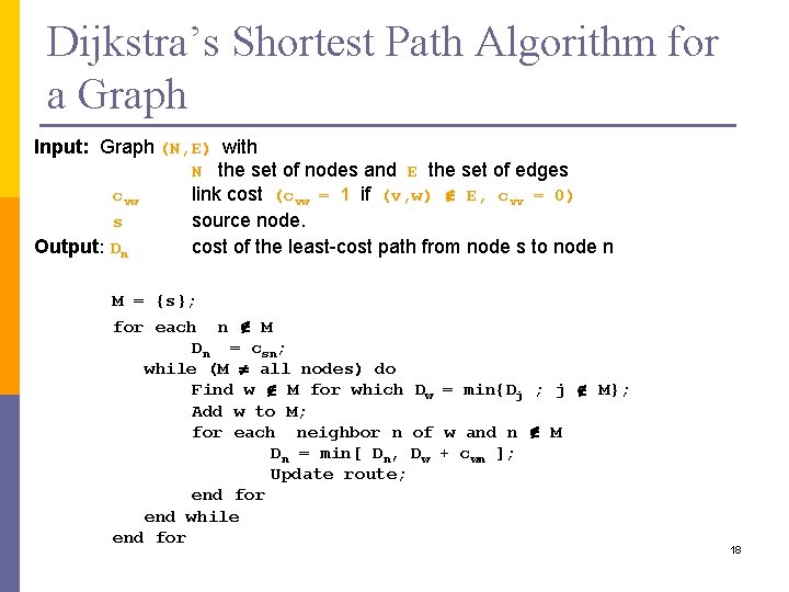 Dijkstra’s Shortest Path Algorithm for a Graph Input: Graph (N, E) with N the