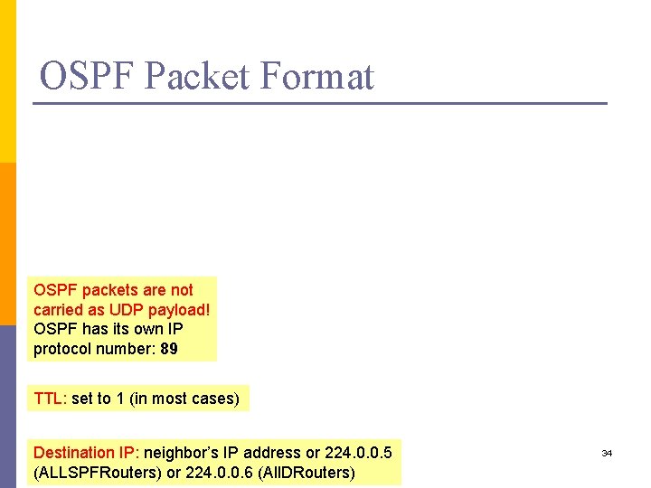 OSPF Packet Format OSPF packets are not carried as UDP payload! OSPF has its