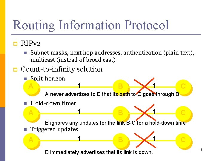 Routing Information Protocol p RIPv 2 n p Subnet masks, next hop addresses, authentication