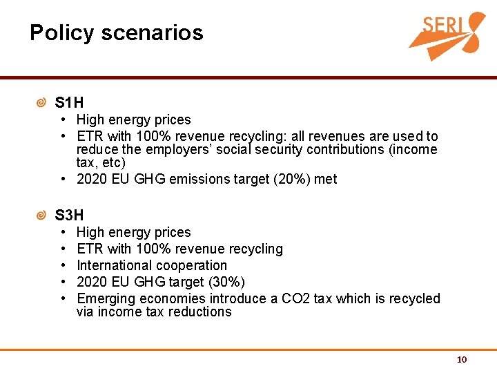 Policy scenarios S 1 H • High energy prices • ETR with 100% revenue