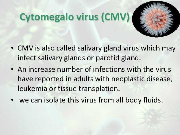 Cytomegalo virus (CMV) • CMV is also called salivary gland virus which may infect