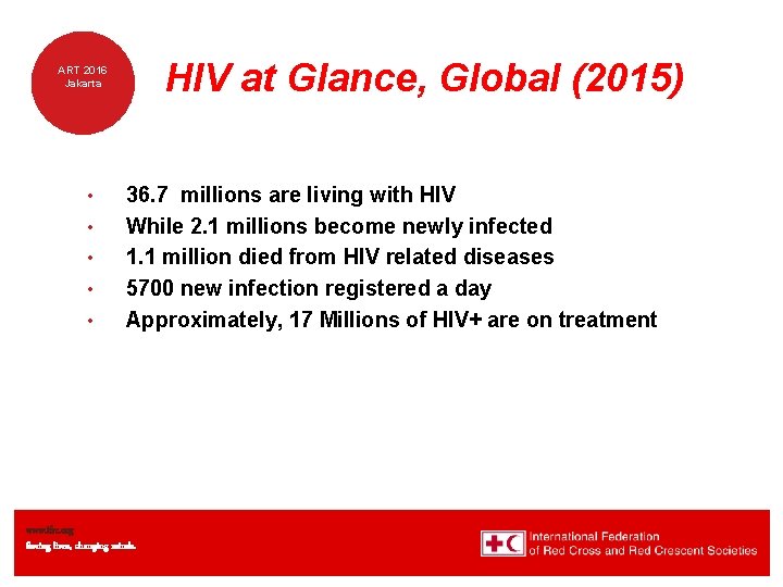 HIV at Glance, Global (2015) ART 2016 Jakarta • • • 36. 7 millions