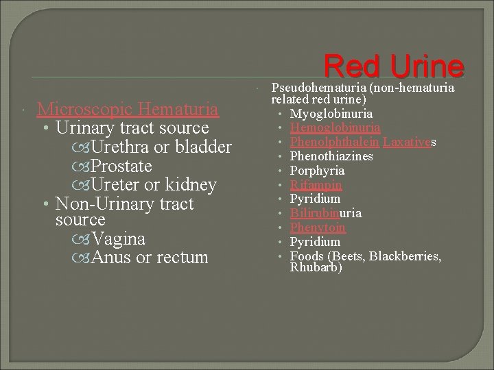  Microscopic Hematuria • Urinary tract source Urethra or bladder Prostate Ureter or kidney