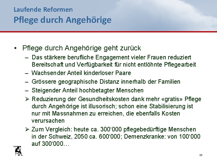 Laufende Reformen Pflege durch Angehörige • Pflege durch Angehörige geht zurück – Das stärkere