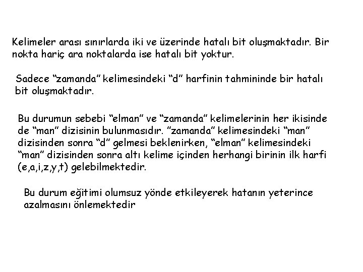 Kelimeler arası sınırlarda iki ve üzerinde hatalı bit oluşmaktadır. Bir nokta hariç ara noktalarda