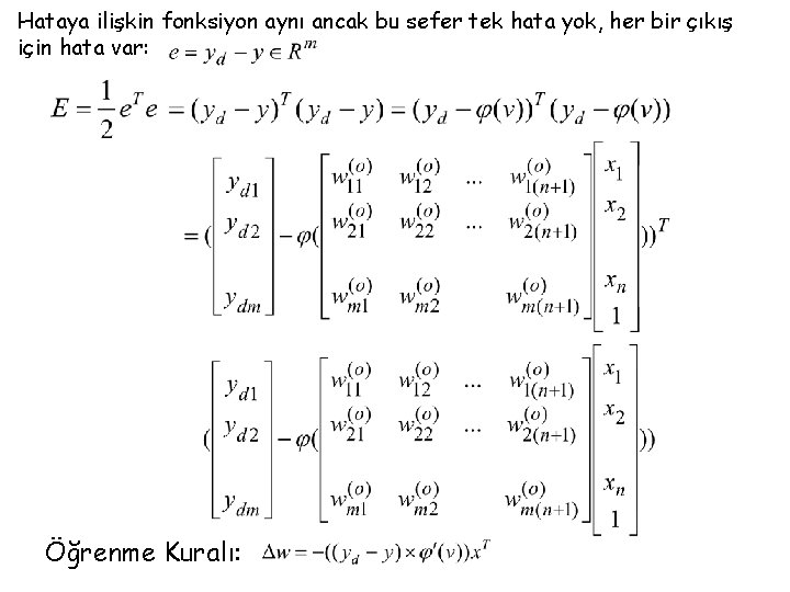 Hataya ilişkin fonksiyon aynı ancak bu sefer tek hata yok, her bir çıkış için