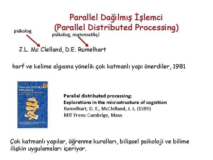 psikolog Parallel Dağılmış İşlemci (Parallel Distributed Processing) psikolog, matematikçi J. L. Mc Clelland, D.