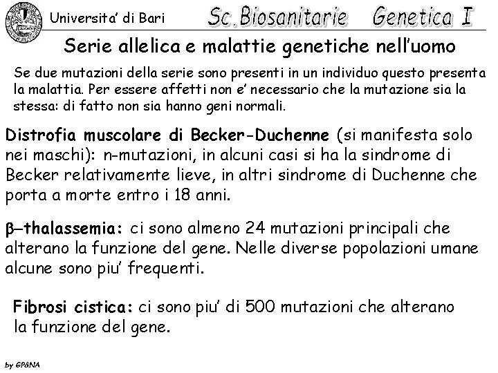 Universita’ di Bari Serie allelica e malattie genetiche nell’uomo Se due mutazioni della serie