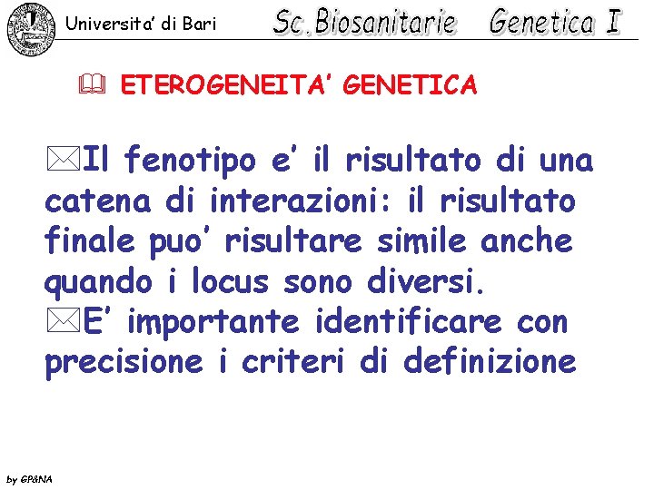 Universita’ di Bari & ETEROGENEITA’ GENETICA *Il fenotipo e’ il risultato di una catena