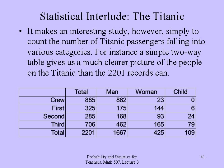 Statistical Interlude: The Titanic • It makes an interesting study, however, simply to count