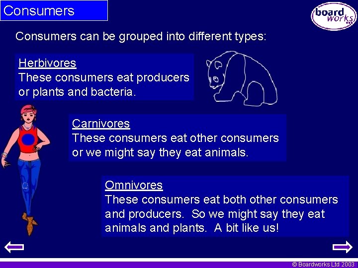 Consumers can be grouped into different types: Herbivores These consumers eat producers or plants