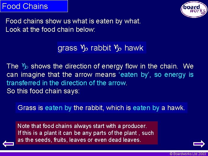 Food Chains Food chains show us what is eaten by what. Look at the