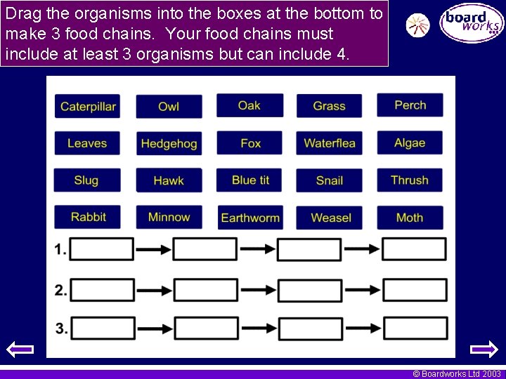 Drag the organisms into the boxes at the bottom to make 3 food chains.