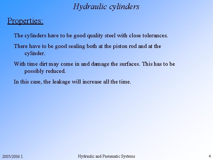 Hydraulic cylinders Properties: The cylinders have to be good quality steel with close tolerances.