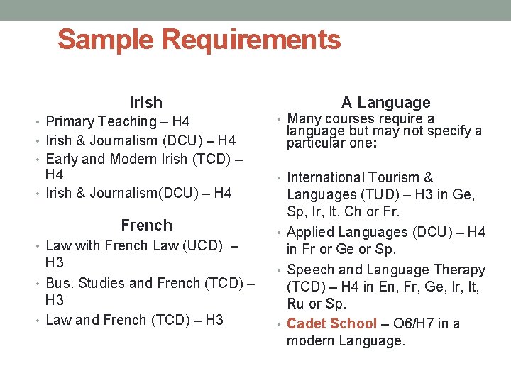 Sample Requirements Irish • Primary Teaching – H 4 • Irish & Journalism (DCU)