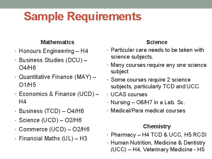 Sample Requirements Mathematics • Honours Engineering – H 4 • Business Studies (DCU) –