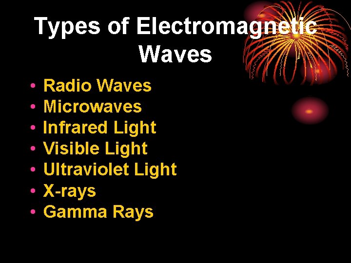 Types of Electromagnetic Waves • • Radio Waves Microwaves Infrared Light Visible Light Ultraviolet