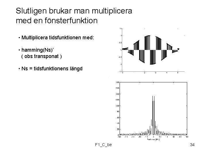 Slutligen brukar man multiplicera med en fönsterfunktion • Multiplicera tidsfunktionen med: • hamming(Ns)’ (