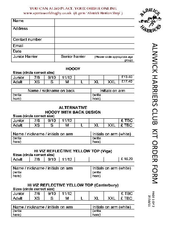 ALNWICK HARRIERS CLUB KIT ORDER FORM PAGE 1 OF 2 27/10/11 