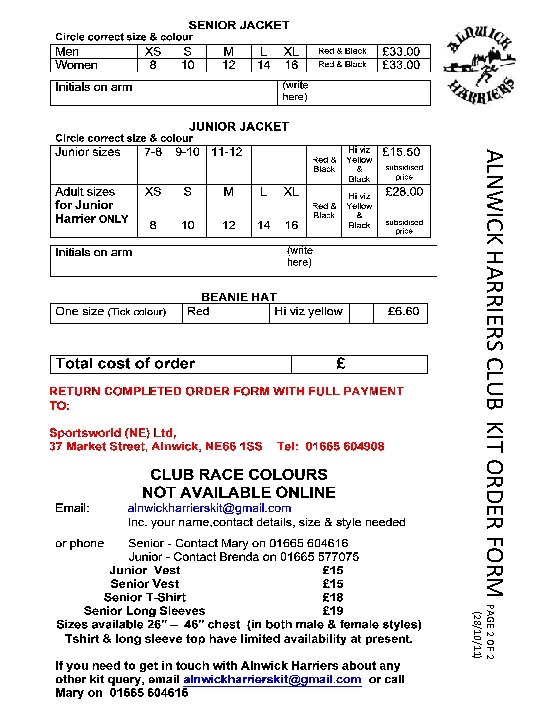 (28/10/11) ALNWICK HARRIERS CLUB KIT ORDER FORM PAGE 2 OF 2 