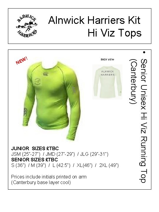 Alnwick Harriers Kit Hi Viz Tops BACK VIEW ALNWICK HARRIERS ABC JUNIOR SIZES £TBC