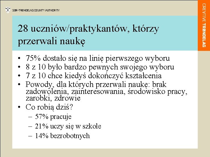 28 uczniów/praktykantów, którzy przerwali naukę • • 75% dostało się na linię pierwszego wyboru