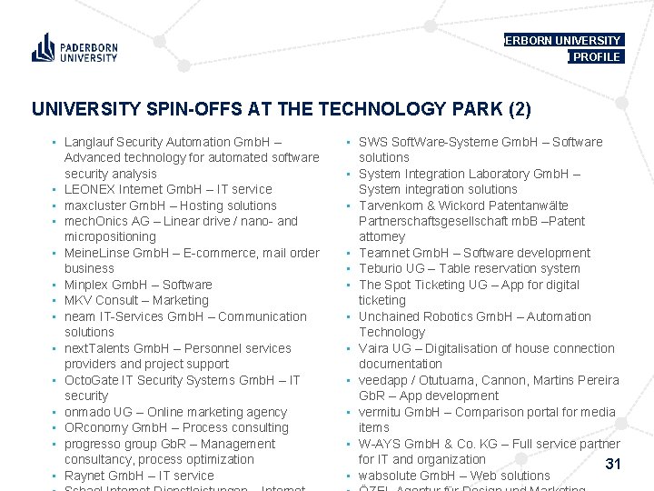 PADERBORN UNIVERSITY IN PROFILE UNIVERSITY SPIN-OFFS AT THE TECHNOLOGY PARK (2) • Langlauf Security