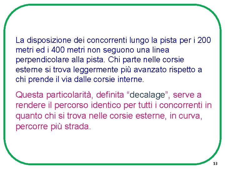 La disposizione dei concorrenti lungo la pista per i 200 metri ed i 400