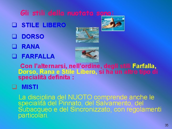 Gli stili della nuotata sono: q STILE LIBERO q DORSO q RANA q FARFALLA