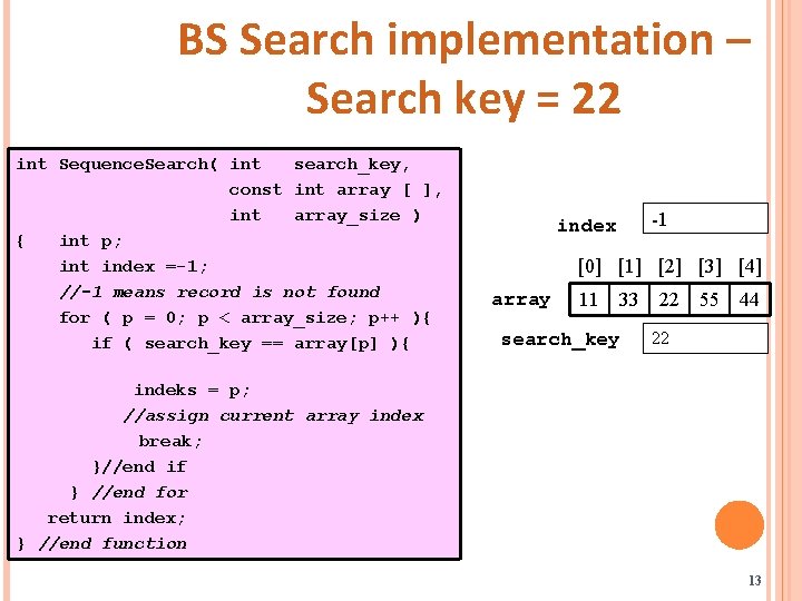BS Search implementation – Search key = 22 int Sequence. Search( int search_key, const