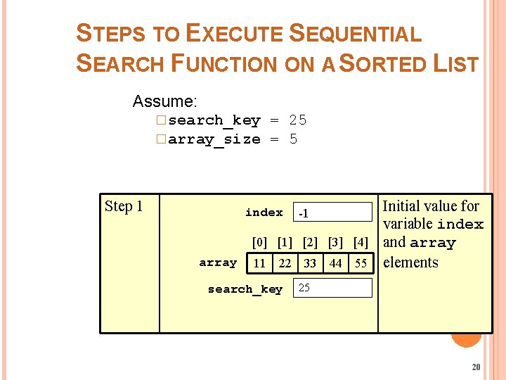 STEPS TO EXECUTE SEQUENTIAL SEARCH FUNCTION ON A SORTED LIST Assume: � search_key �