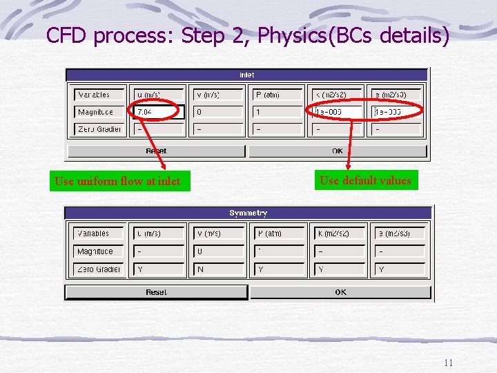 CFD process: Step 2, Physics(BCs details) Use uniform flow at inlet Use default values