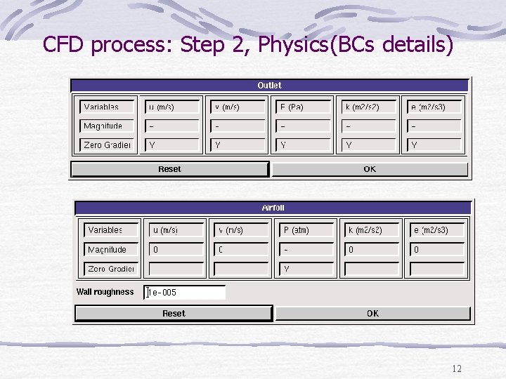 CFD process: Step 2, Physics(BCs details) 12 